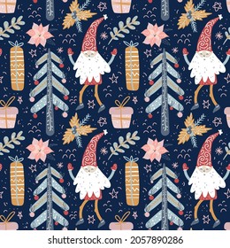 Christmas gnomes and Christmas trees. Seamless pattern with Scandinavian elves,nisse, gift boxes, holly berries, poinsettia. Winter seasonal design for wrapping paper, fabric, christmas decoration.