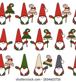 Christmas gnomes with Christmas trees in their hands. Fairy men in red, green, gray and beige caps on a white background. Seamless pattern.