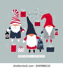 Christmas gnomes vector. Greeting Christmas card with holiday characters isolated on a light background.