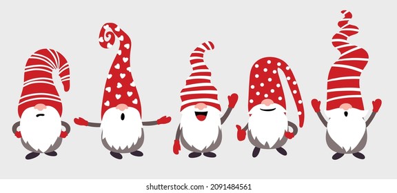 Christmas gnomes vector illustration on gray background. Simple style.