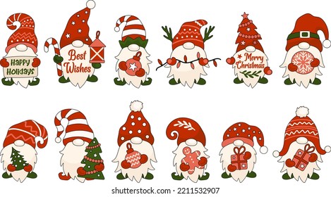 Ilustraciones vectoriales de gnomos de Navidad establecidas. Citas de Navidad. Clipart de vacaciones de invierno