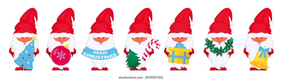 Christmas gnomes vector set for New Year holidays