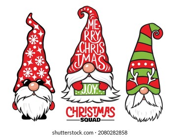 Christmas Gnomes vector set. Christmas quotes. Cute elf isolated on white. Cartoon characters. Xmas design for holidays decoration, greeting cards, gift tags, t-shirt print.