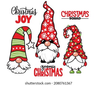 Christmas Gnomes vector set. Christmas quotes. Cute elf isolated on white. Cartoon characters. Xmas design for holidays decoration, greeting cards, gift tags, t-shirt print.