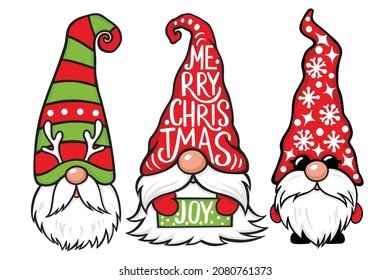 Christmas Gnomes vector set. Christmas quotes. Cute elf isolated on white. Cartoon characters. Xmas design for holidays decoration, greeting cards, gift tags, t-shirt print.