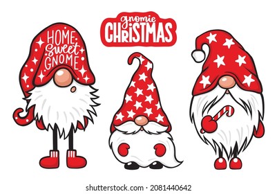 Christmas Gnomes vector set. Christmas quotes. Cute elf isolated on white. Cartoon characters. Xmas design for holidays decoration, greeting cards, gift tags, t-shirt print.