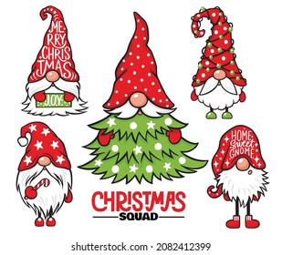 Christmas Gnomes vector set. Christmas quotes. Cute elf isolated on white. Cartoon characters. Xmas design for holidays decoration, greeting cards, gift tags, t-shirt print.