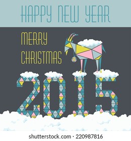 Christmas goat on a dark background on the figures with snow and drifts card design
