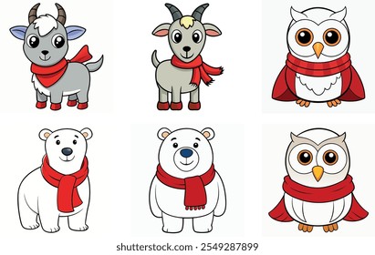 Christmas Goat ,Polar Bear ,Snowy vector Owl with red scarf icon on white