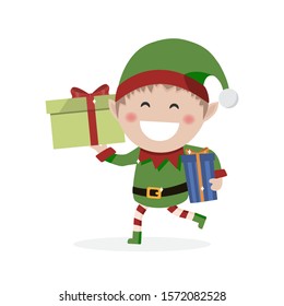 Christmas goblin. Little elf with presents. Vector illustration