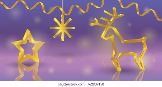 Christmas gold 3d ornaments silhouettes deer and stars and snowflake. Christmas and new year vintage greeting and invitation card. Vector illustration on purple background.