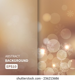 Christmas Gold Background bokeh effect with defocused lights and snowflakes. Vector illustration EPS10