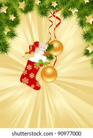 Christmas gold background with decorations. Vector illustration.