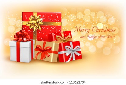 Christmas gold background with gift box and snowflake. Vector illustration.