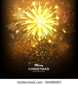 Christmas Gold Background with Snowflakes and Snow. Abstract Bright Golden Falling Star - Shooting Star with Twinkling Star Trail on Dark Brown Background - Meteoroid, Comet, Asteroid - Backdrop.
