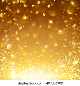 Christmas Gold Background with Snowflakes and Snow. Vector illustration