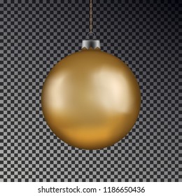 Christmas gold ball handing on string. Xmas vector bauble isolated on transparent background. New Year  ball decoration element. Vector illustration.