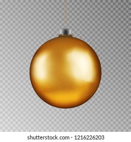 Christmas gold ball handing on string. Xmas vector bauble isolated on transparent background. New Year ball, realistic bright decoration element. Vector illustration.