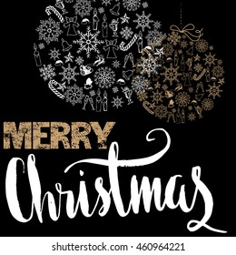 Christmas gold ball made of snowflakes and Christmas elements. Card with white and gold lettering. EPS10.