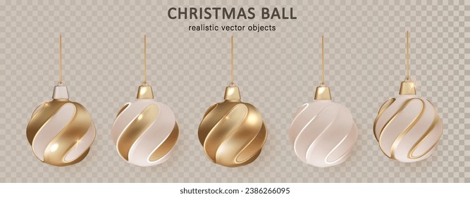 Christmas gold balls isolated. Stocking Christmas decorations. Vector gold, glass xmas bauble set template