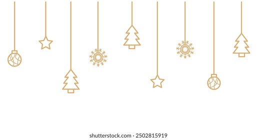 Vector de Navidades Gold Baubles. Copo de nieve, árbol, bola colgando sobre fondo blanco. Año Nuevo. diciembre. Festiva. Elementos de ilustración.