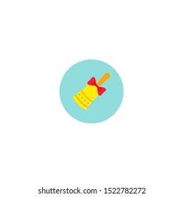 Christmas gold bell icon on blue background, sticker. Vector isolated illustration, flat design, simple style. Element for New Year banners, posters, leaflets, invitations, greeting cards, web design.