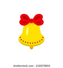 Christmas gold bell with red bow icon isolated on white background. Flat New Year Vector illustration.
