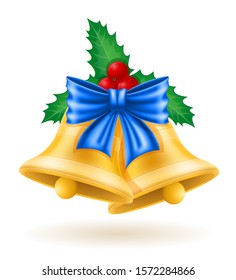 christmas gold bells with bow vector illustration isolated on white background