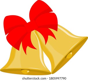 Christmas gold bells decorated with a red bow. vector illustration