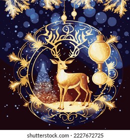 Christmas gold and black ornaments with reindeers