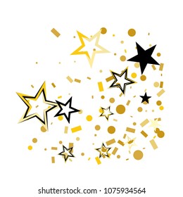 Christmas gold and black stars confetti falling, isolated on white. Magic shining flying stars and glitter dots sparkle cosmic backdrop