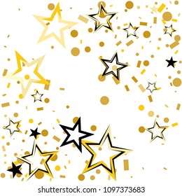 Christmas gold and black stars confetti falling, isolated on white. Magic shining flying stars and glitter dots sparkle cosmic backdrop