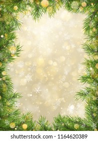 Christmas gold bokeh with tree branches frame background. EPS 10