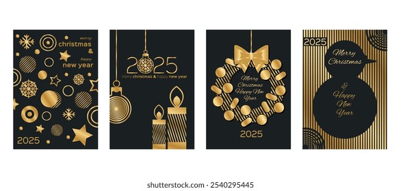 Christmas gold card. Happy 2025 New Year congratulation. Foil wreath. Golden shape. Luxury circle. Xmas celebration party. Tree round toy. Silhouette snowman. Design template. Vector black banners set