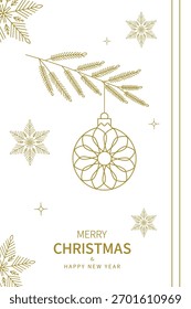 Navidades Vector de Plantilla de tarjeta de oro, copo de nieve elegante de lujo y diseño de adorno de rama de pino.
