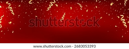 Christmas gold confetti falling frame. Anniversary background. Winner red banner. Birthday surprise. Prize celebrate. Bright glitter flying. Holiday party. Golden festive tinsel. Vector illustration.