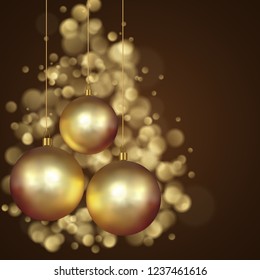 Christmas Gold Decoration Balls Background with Bokeh Effect. Vector Illustration.