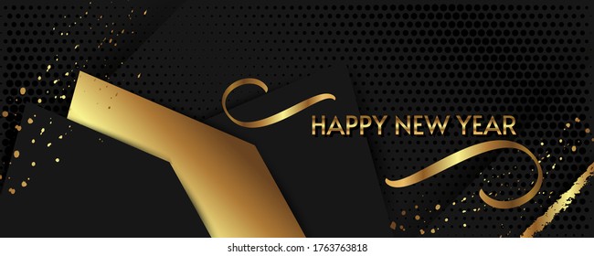 Christmas gold design black background abstract shiny color golden with blue and gold decorative elements. New year banner background illustration