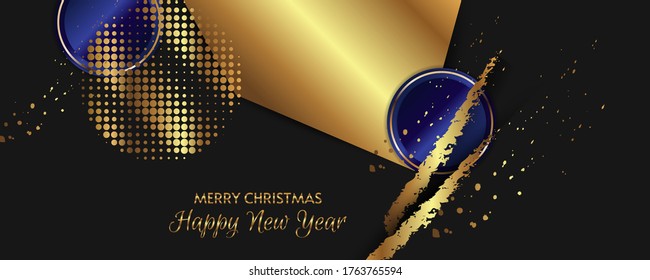 Christmas gold design black background abstract shiny color golden with blue and gold decorative elements. New year banner background illustration