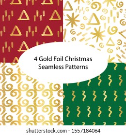 Christmas gold foil seamless vector background set. Winter holiday patterns green white and red with hand drawn gold foil doodles. Xmas, New year abstract geometric background. For cards, gift wrap