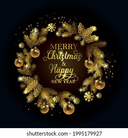 Christmas gold frame from branches of a Christmas tree, cones, balls and snowflakes with the inscription Merry Christmas on a black background. New Year's gold emblem for souvenirs.