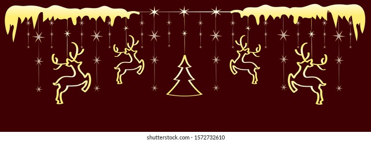 Christmas gold garland with deers. Winter holiday ornament with decoration elements.