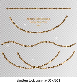 Christmas gold garland, New year gold decorations with garlands. Objects for any background design.  New year gold decorations with garlands. 