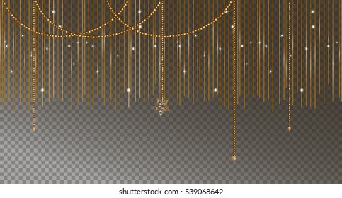 Christmas gold garland, shine line and snowflakes, New year gold decorations with garlands. Objects for any background design, transparent background