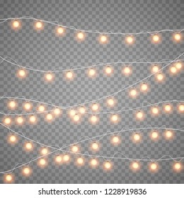 Christmas gold garlands isolation on dark transparent background. Xmas realistic overlay yellow lights card. Holidays decorations bright lamps. Vector gloving garland illustration