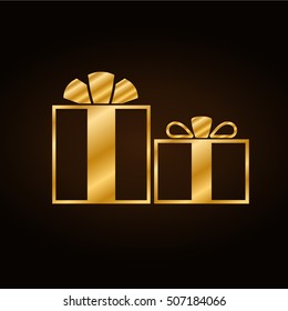 Christmas gold gift with ribbon icon. Giftbox golden flat sign decoration, isolated on black background. Symbol New Year celebration, presents, surprise, birthday, holiday. Vector illustration