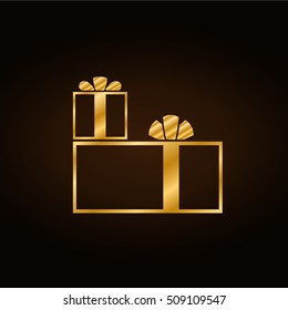 Christmas gold gifts set with ribbon icon. Giftbox golden flat sign decoration, isolated on black background. Symbol New Year celebration, presents, birthday, Merry Xmas, holiday Vector illustration