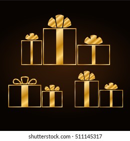 Christmas gold gifts set with ribbon icon. Giftbox golden flat sign decoration, isolated on black background. Symbol New Year celebration, presents, surprise, birthday, holiday. Vector illustration