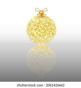 Christmas gold glitter glowing  ball with reflection.Holiday decoration template. Vector illustration.