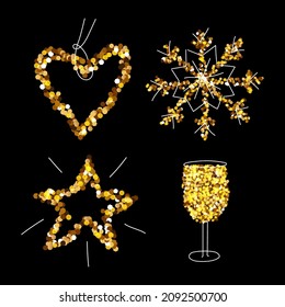 Christmas Gold Glitter Set, Champagne, snowflake, star, heart. Merry Christmas and New Year holiday elements for a card, poster, website, banner. Glittery vector illustration.